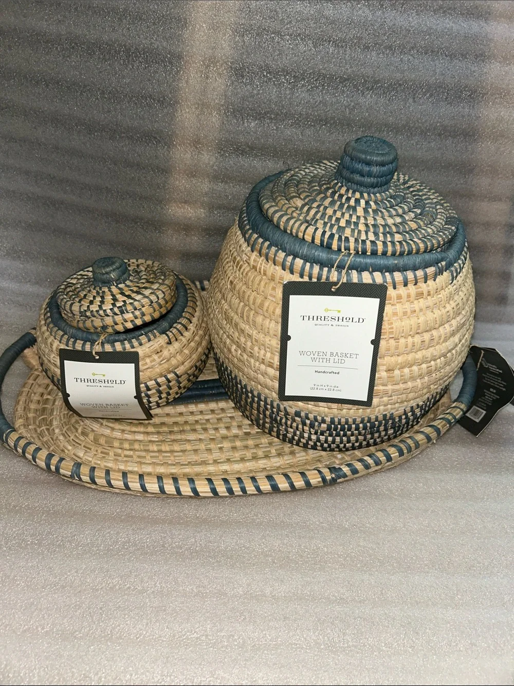 Threshold Bundle of 3 Handcrafted Woven Set. One Tray and Two Baskets with Lids